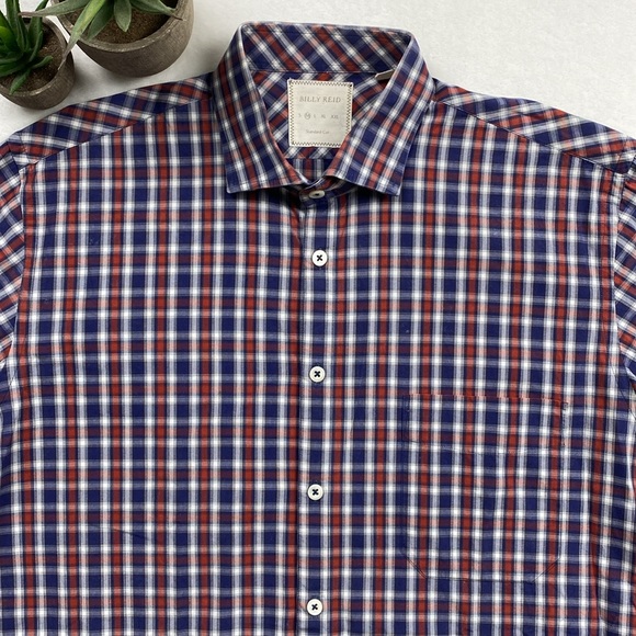 Billy Reid John Standard Cut Plaid Long Sleeve Button Shirt (Blue/White/Orange) - Picture 5 of 16